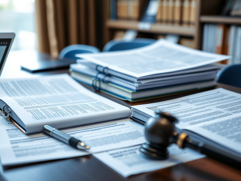 A close-up of a thick, open legal textbook with fine, densely printed text, lying on a pristine matte-white desk beside a slim silver laptop displaying a minimalist contract draft on its screen. A black fountain pen with a chrome clip rests precisely across the book’s margin, its nib catching a hint of light. The environment is a contemporary corporate office with blurred shelving and muted grey walls in the background. Cool, even studio-style lighting creates soft reflections on the laptop and a refined clarity on the paper texture. Shot from a slightly elevated angle with rule-of-thirds composition, the focus is sharp on the text and pen, gently fading towards the background. The atmosphere feels analytical, precise, and methodical, aligned with a clean, photographic, professional legal aesthetic.