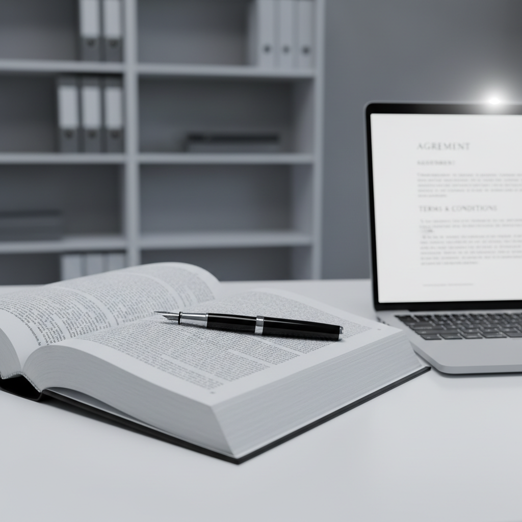 A close-up of a thick, open legal textbook with fine, densely printed text, lying on a pristine matte-white desk beside a slim silver laptop displaying a minimalist contract draft on its screen. A black fountain pen with a chrome clip rests precisely across the book’s margin, its nib catching a hint of light. The environment is a contemporary corporate office with blurred shelving and muted grey walls in the background. Cool, even studio-style lighting creates soft reflections on the laptop and a refined clarity on the paper texture. Shot from a slightly elevated angle with rule-of-thirds composition, the focus is sharp on the text and pen, gently fading towards the background. The atmosphere feels analytical, precise, and methodical, aligned with a clean, photographic, professional legal aesthetic.