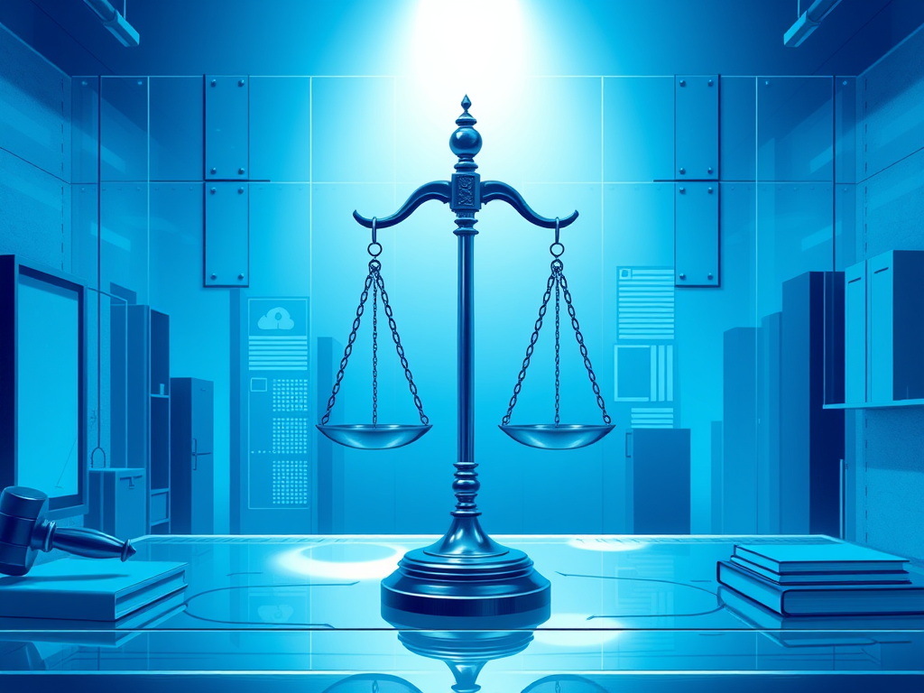 A meticulously organized legal workspace featuring a polished dark-wood desk with a subtle grain, a stack of hardcover law books with gilt titles, and a brass balance scale positioned as the central focal point. Behind, neat rows of neutral-toned binders line built-in shelving, all perfectly aligned to convey structure and order. Soft, diffused daylight enters from an unseen window, casting gentle, directional shadows that emphasize clean lines and a corporate aesthetic. Captured at eye level with a slightly shallow depth of field, the balance scale and books are in crisp focus while the background softly blurs. The overall mood is professional, calm, and authoritative, rendered in photographic realism with cool neutral tones and a clean, modern composition suitable for a law blog homepage.